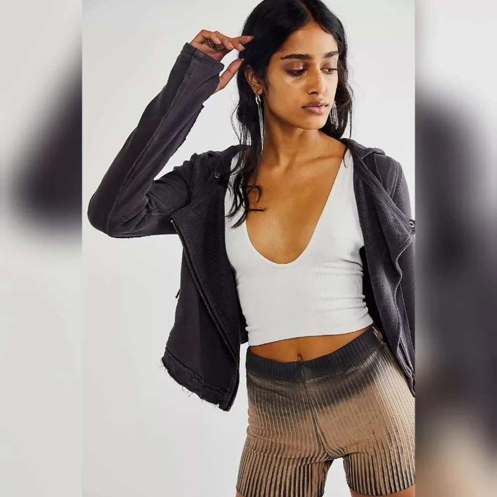 FREE PEOPLE You Asked For It Moto Jacket Knit Hooded Cropped Sz‎ S Faded Black